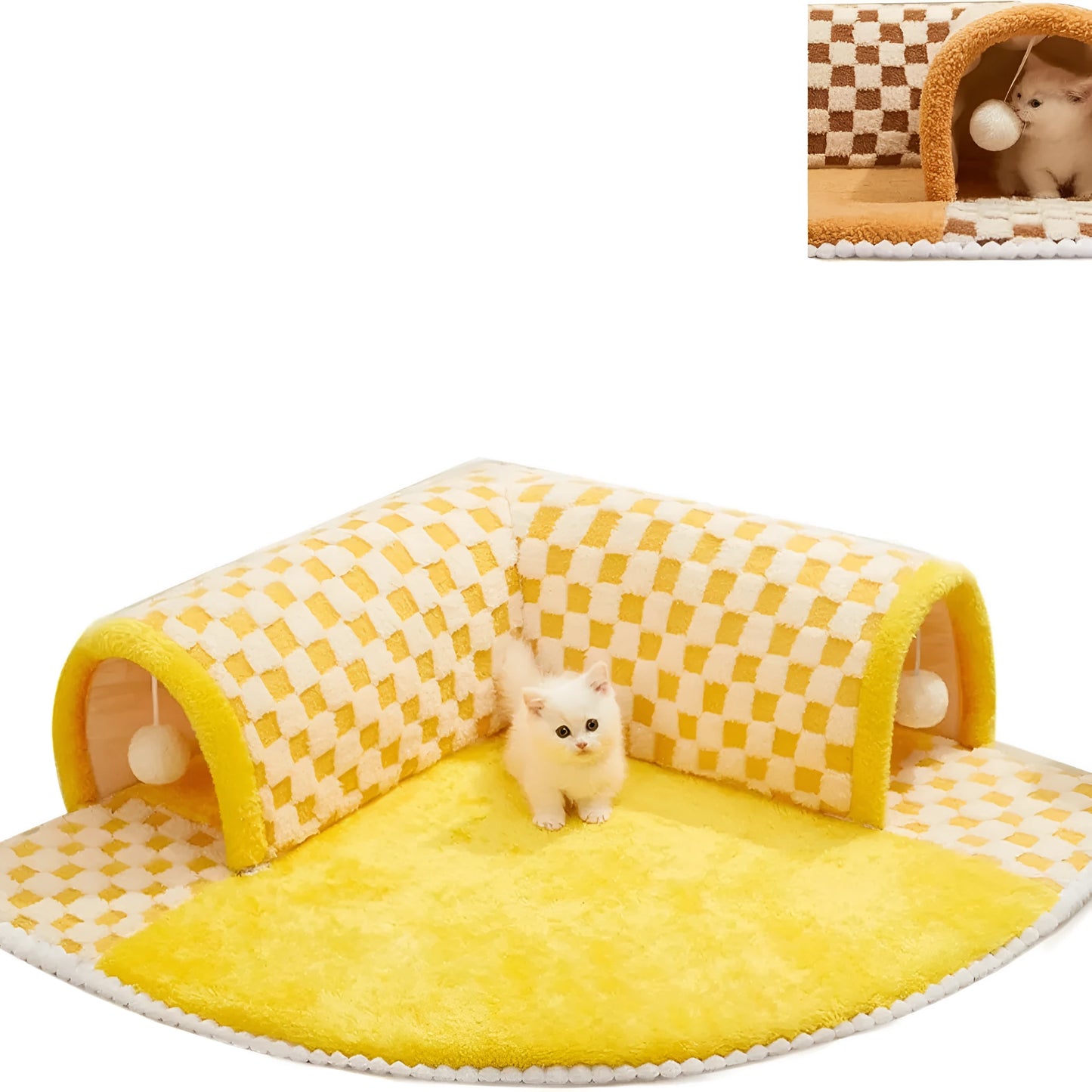 Brown plush plaid cat tunnel bed with central mat showing non-slip bottom and tunnel opening