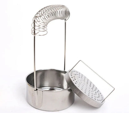 Silver stainless steel oil painting pen washer with spring brush clamp and leaking plug for cleaning brushes with solvent or water.
