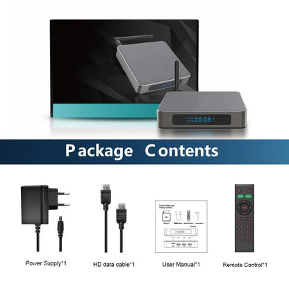 Android TV set-top box with remote control, supporting 8K resolution and Bluetooth.