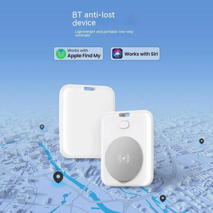 White ABS plastic pet GPS tracker with Apple device compatibility, showing compact design and collar attachment.