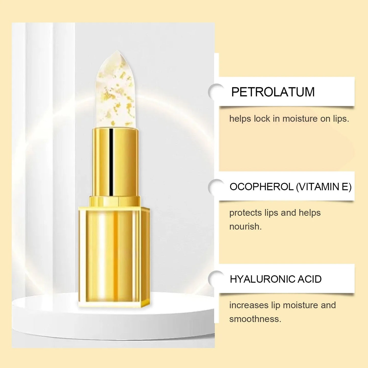 Gold foil nourishing lipstick 3.5g in rectangular gold case with hyaluronic acid and vitamin E