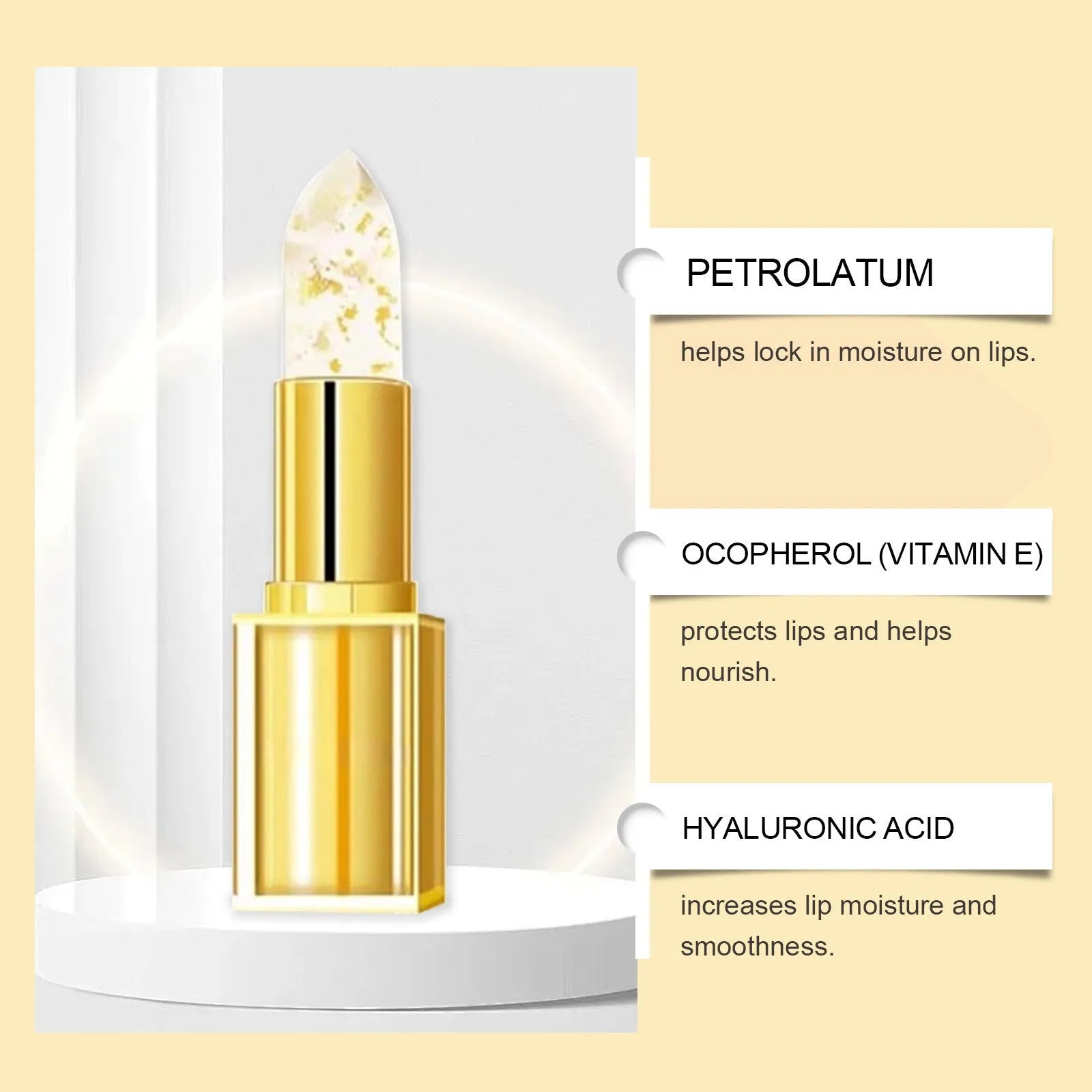 Gold foil nourishing lipstick 3.5g in rectangular gold case with hyaluronic acid and vitamin E