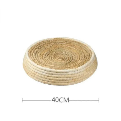 Straw woven bowl-shaped cat bed and scratching board made from straw and corn husk, hand-woven pet nest in five sizes.