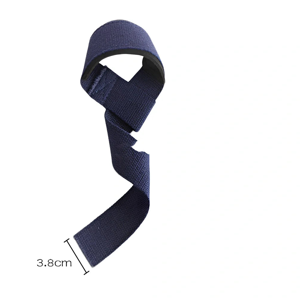 Pair of grey weightlifting straps with metal buckles showing 45cm length and 5cm width dimensions