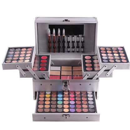 Multifunctional makeup artist kit showing 94 colour eye shadow palette with concealers, lipsticks, and application tools