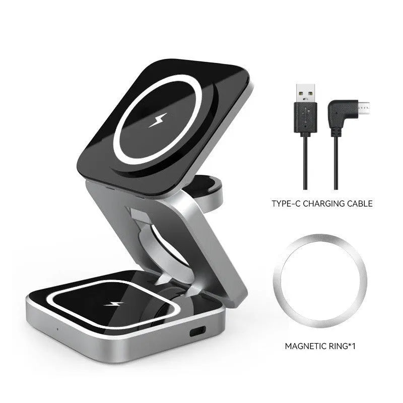 Folding three-in-one wireless charging bracket for Apple Samsung and Google devices with magnetic induction ring