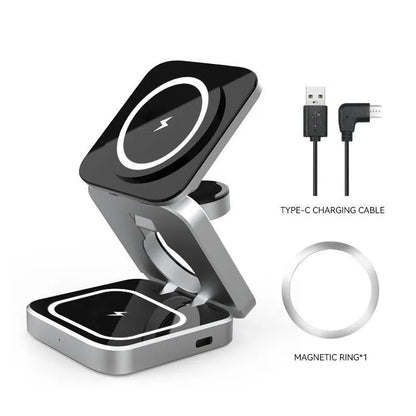 Folding three-in-one wireless charging bracket for Apple Samsung and Google devices with magnetic induction ring