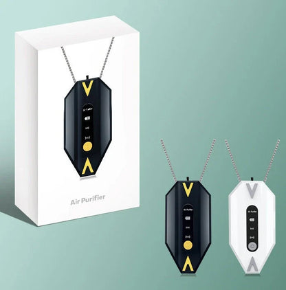 Compact rechargeable air purifier necklace with adjustable negative ion settings and long-lasting battery