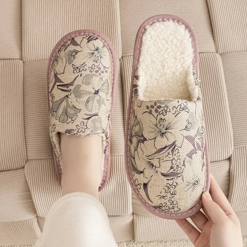 Warm winter linen-surface cotton household slippers in red flower colour with PVC sole.