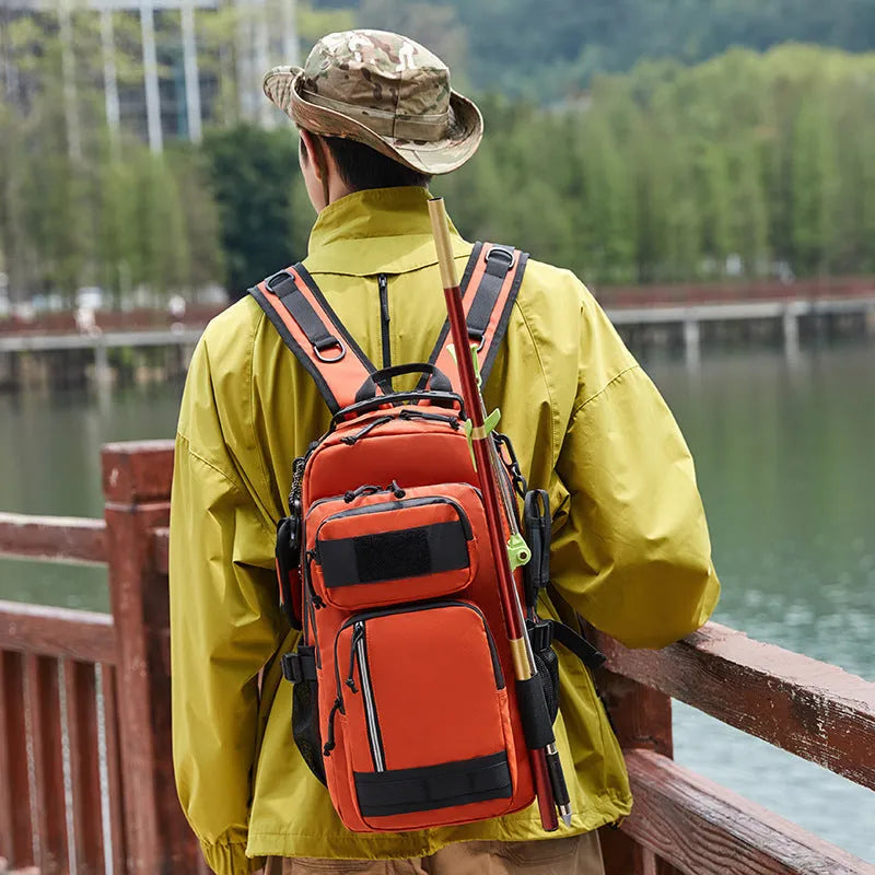 Large capacity outdoor backpack 20-35L rucksack suitable for hiking camping and cycling made from durable derm material available in orange black and black scorpion solid colour unisex design