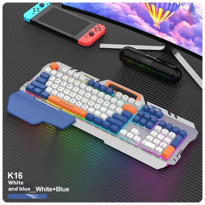 Blue wired gaming keyboard and mouse combo with backlit keys on dark surface