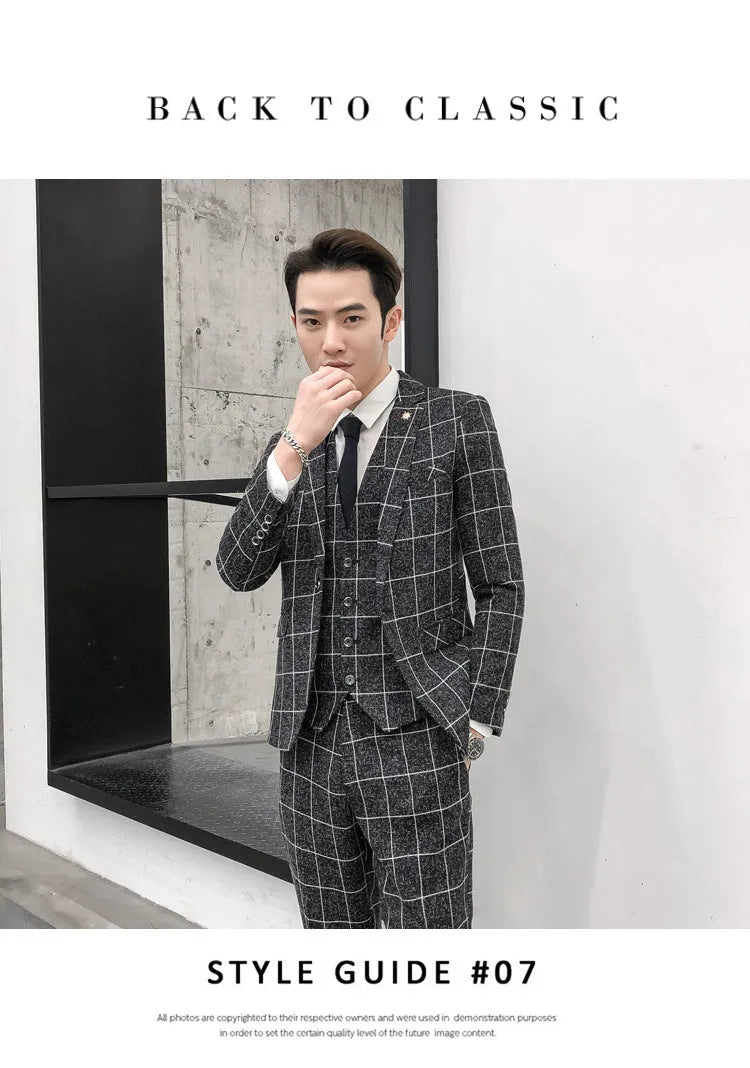 Men's slim fit plaid three-piece suit in chemical fibre viscose blend, available in khaki black dark blue grey