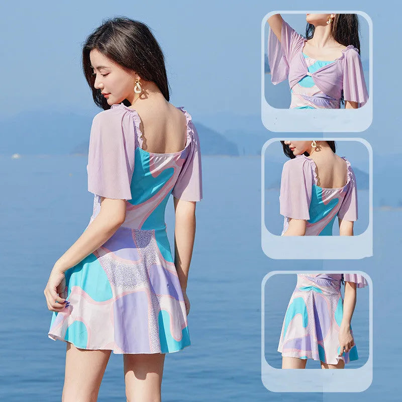 Women's floral high-waist one-piece swimsuit in light purple and light blue patterns for swimming