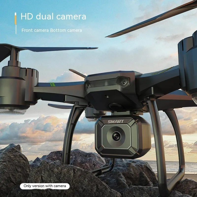 Blue remote control drone with four propellers and protective frame for aerial photography