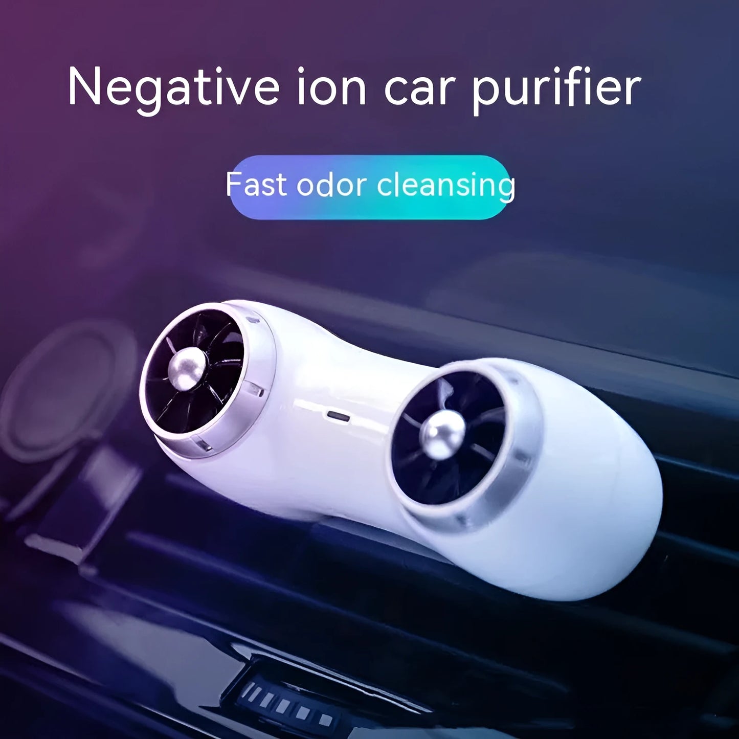 Compact black car anion air purifier with USB cable for formaldehyde removal and deodorising.