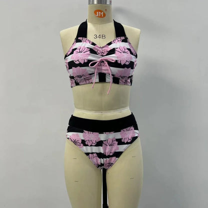 Black women's printed bikini with belly covered slimming design for swimming