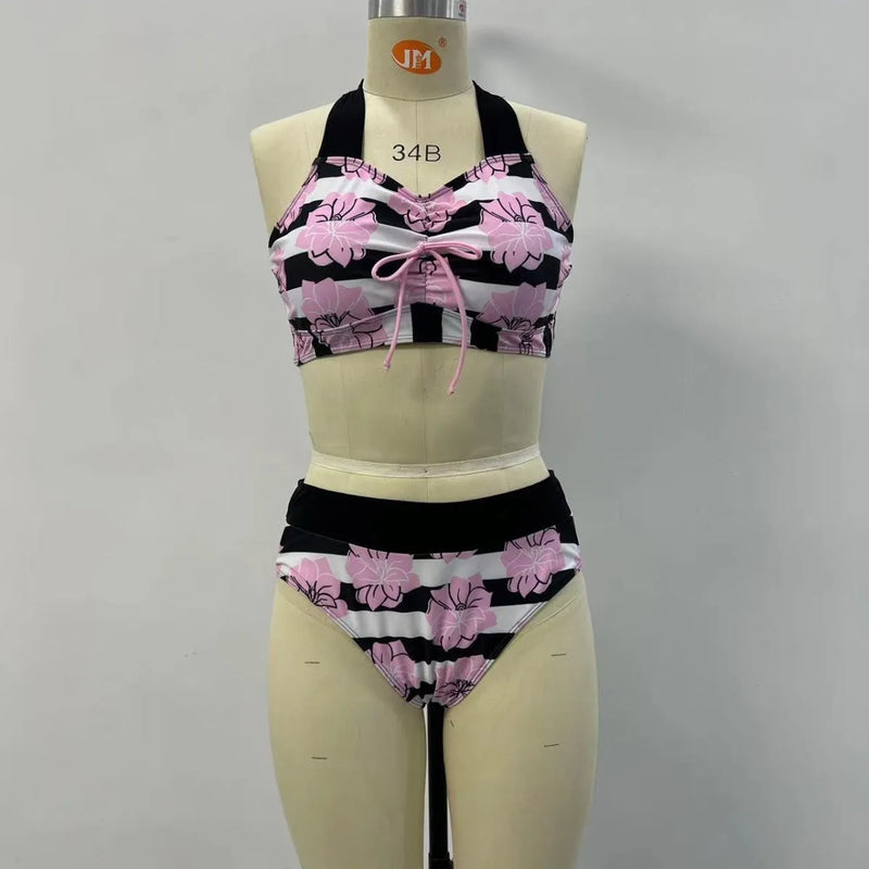 Women's bikini swimsuit printed belly covered slimming split swimwear black swimming water sports, polyester nylon spandex blend fabric, available in sizes S M L XL 2XL with Asian sizing guidance