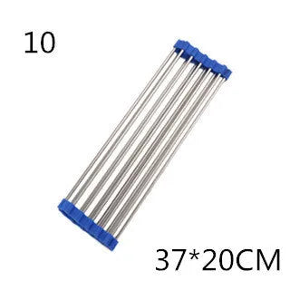 Folding stainless steel kitchen drain rack with coloured plastic tubes, shown open for use.
