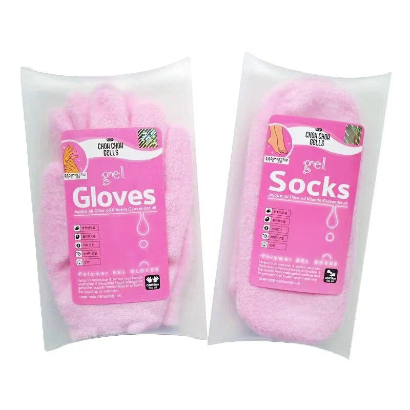 Luxurious hand and foot masks in pink and green colors, designed to deeply hydrate and rejuvenate dry, cracked skin