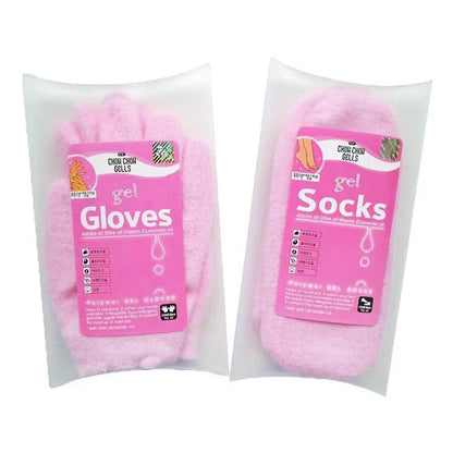 Luxurious hand and foot masks in pink and green colors, designed to deeply hydrate and rejuvenate dry, cracked skin