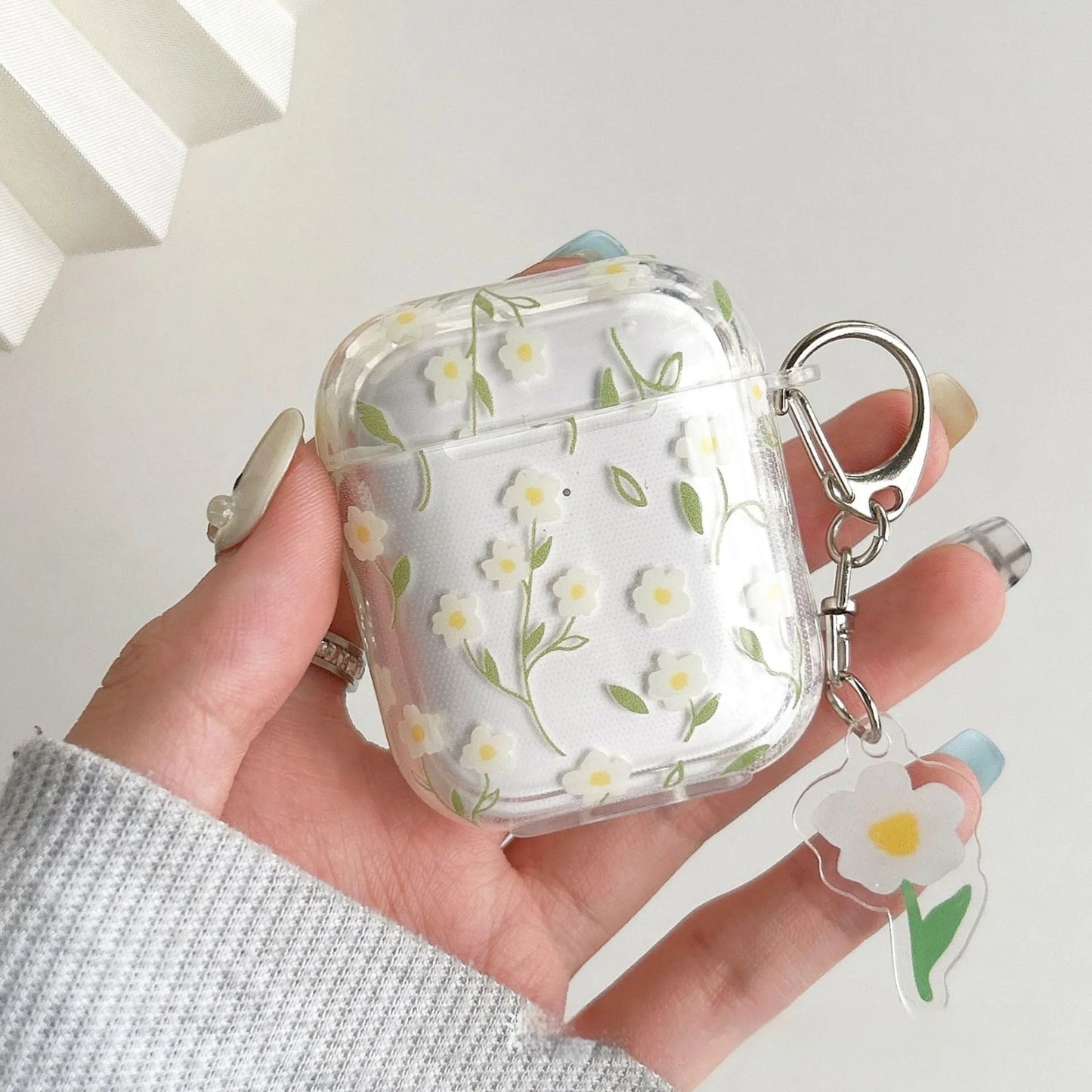 Clear white floral TPU protective cover on an Apple AirPods Pro charging case.
