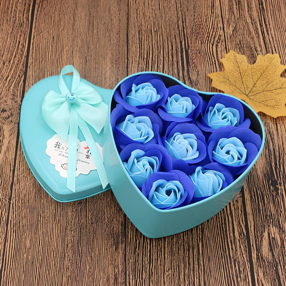 Handmade soap flowers in red heart-shaped tin box measuring 12x12x5cm