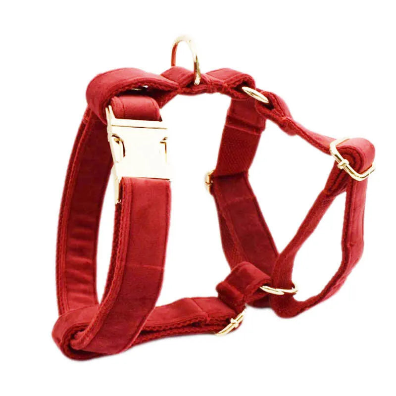 Cloth dog collar set with matching leash, bow tie, vest, and poop bag accessories