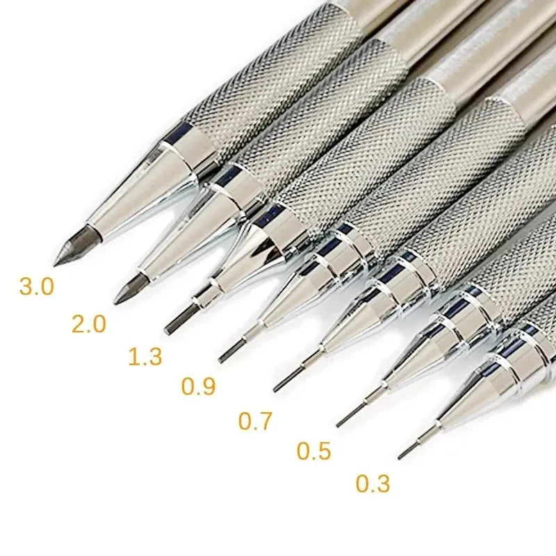 Metal automatic pencil mechanical activity writing instrument with interchangeable 0.5/0.7/0.9/1.3/2.0 mm lead sizes for drafting, sketching, and everyday use, compatible with 2B hardness refills and available in multiple lead diameter options
