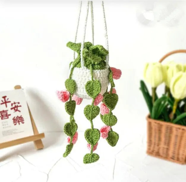 Green and white fishing style car plant decoration with 8cm base and 25cm hanging rope