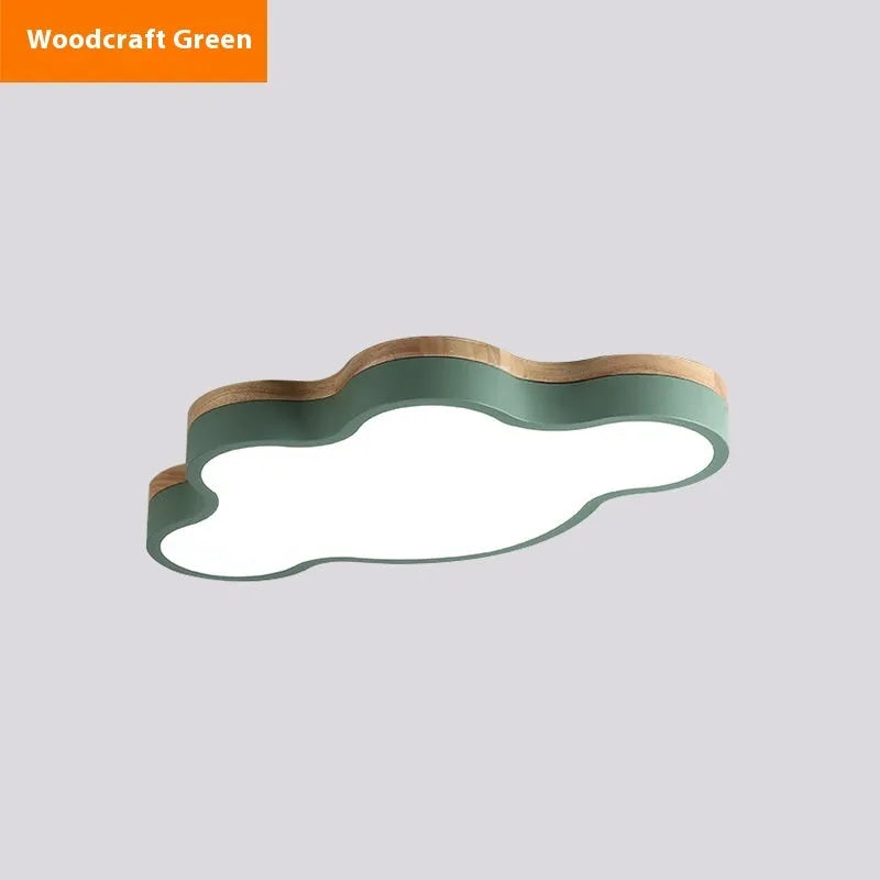 Cloud-shaped ceiling lamp with wooden construction and LED lighting in pink, blue, green, or yellow colour options