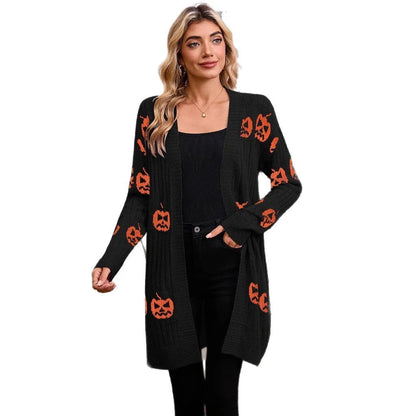 Women's black Halloween cardigan with orange pumpkin head jacquard pattern, regular sleeves, medium 65cm length