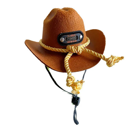 British cowboy hat for a cat on a stand, showing brown non woven fabric with a black ribbon trim.