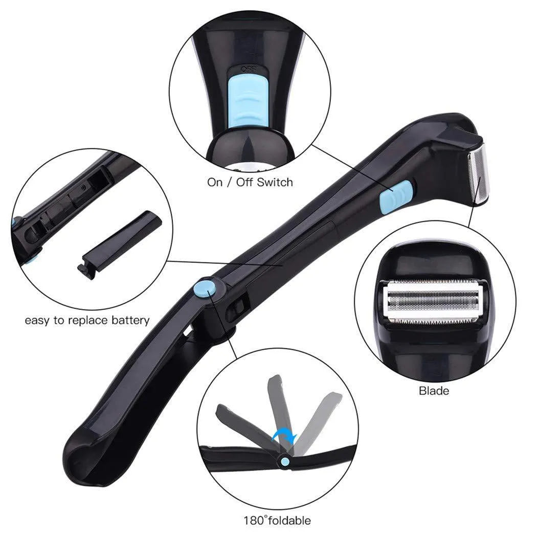 Black folding body electric shaver with battery compartment visible