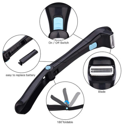 Black folding body electric shaver with battery compartment visible