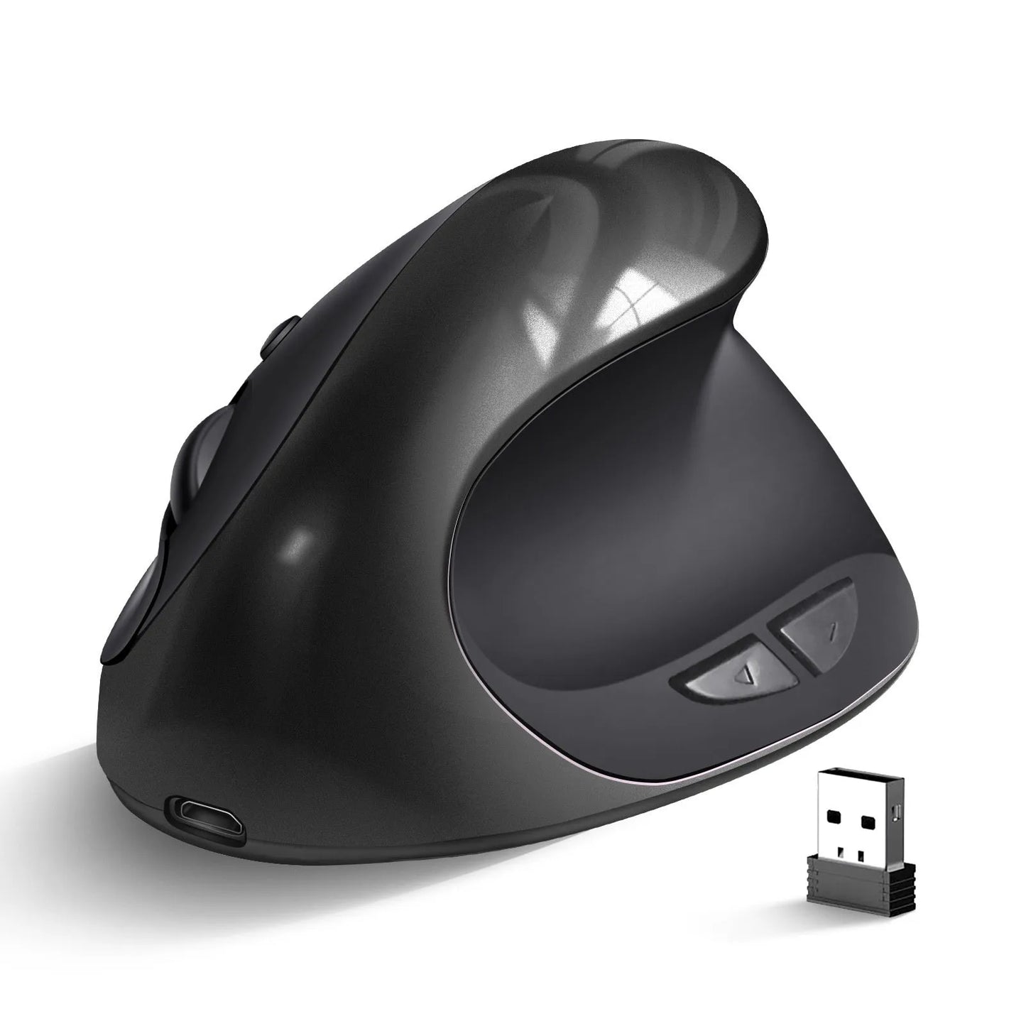Ergonomic vertical mouse in black, shown next to a laptop, highlighting its unique upright shape and USB receiver.