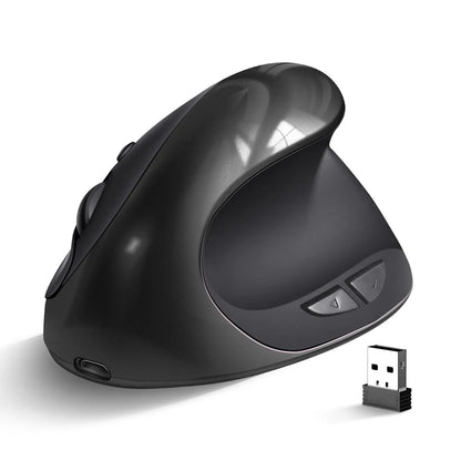 Ergonomic vertical mouse in black, shown next to a laptop, highlighting its unique upright shape and USB receiver.