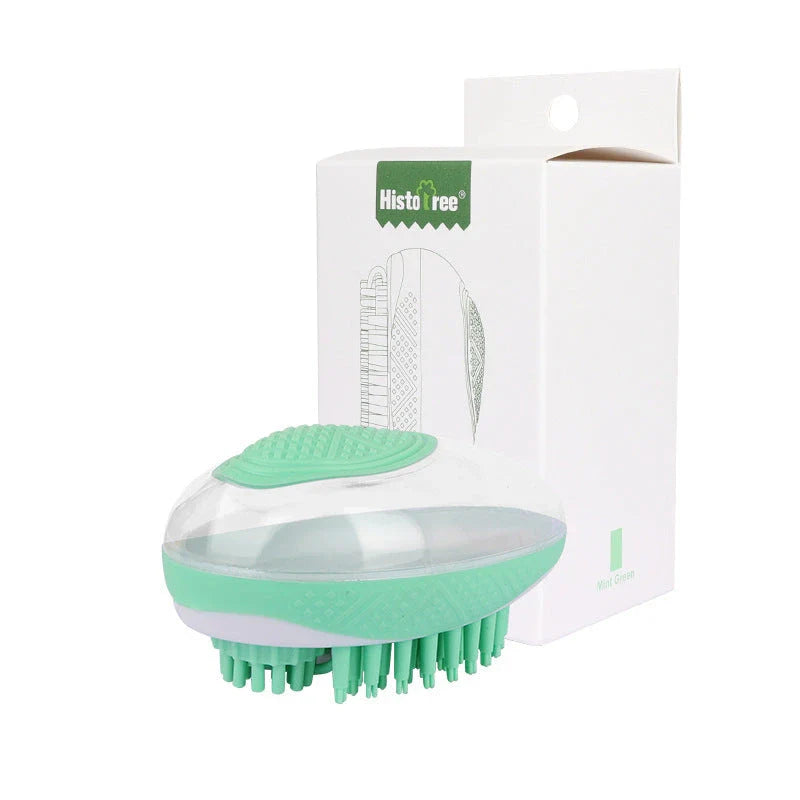 2-in-1 pet grooming brush with soft silicone bristles, shampoo reservoir, and ergonomic grip for bathing and massaging cats and dogs