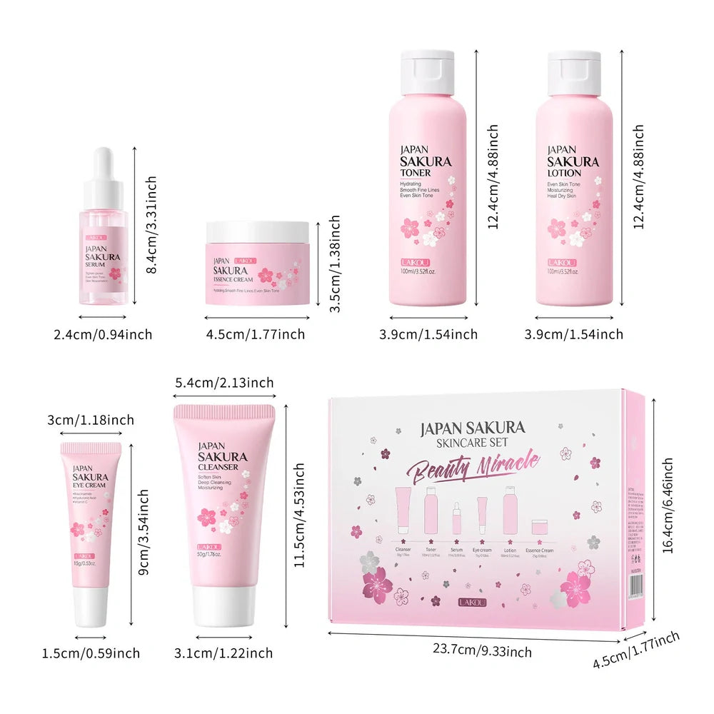 Cherry Blossom Skin Care Set with six facial care products including cleanser, toner, cream, and treatments