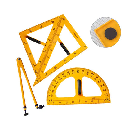Orange and black mathematics teaching tools set with triangle rulers, protractor and chalk compass