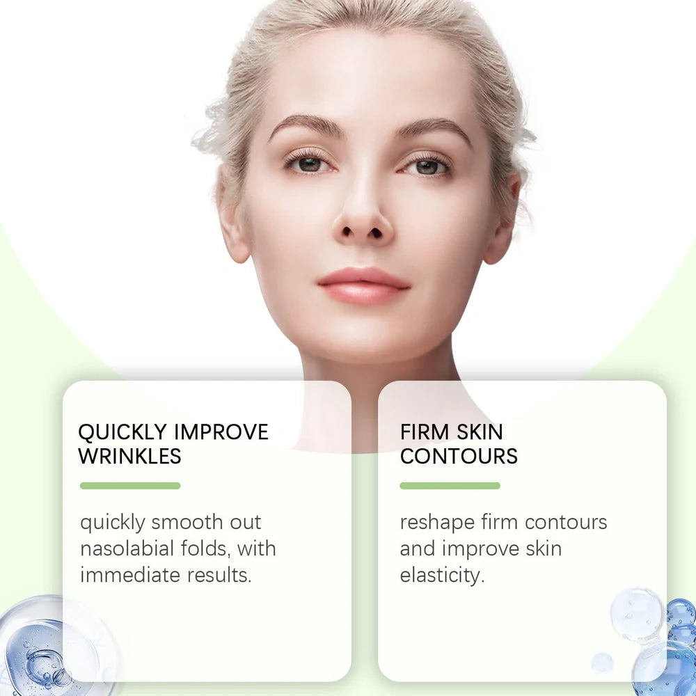 Two facial firming patches showing 4.7cm by 7.8cm dimensions with hyaluronic acid and collagen formulation