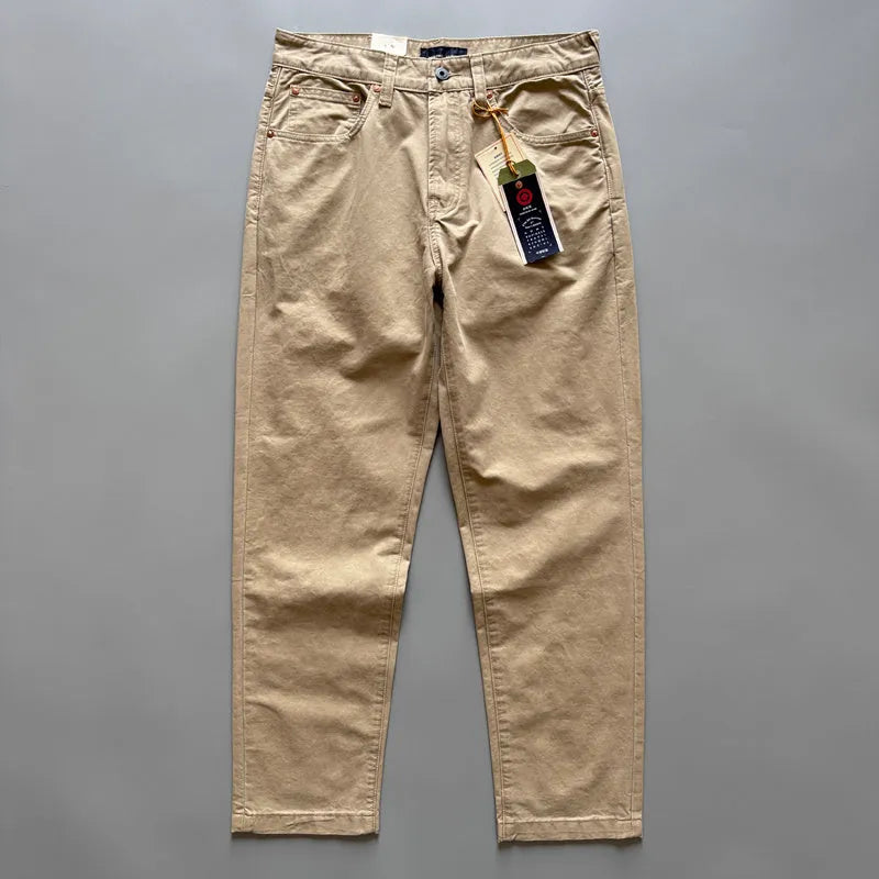 Men's straight-leg cotton trousers in grey, army green, or khaki with mid waist
