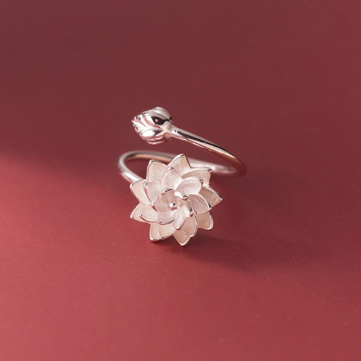 Adjustable silver lotus ring with Chinese elegance and electroplated finish