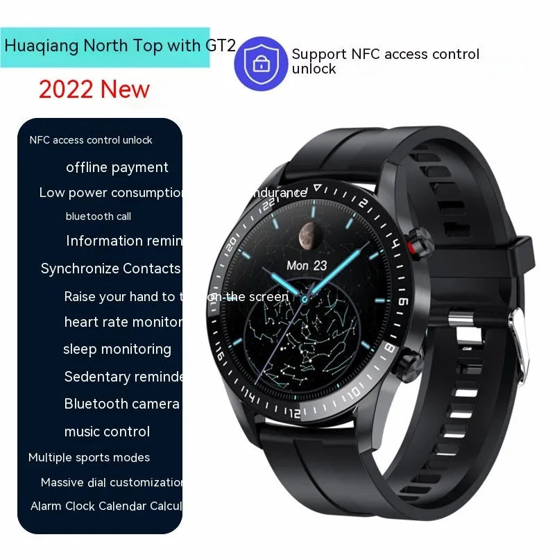 Black or silver smartwatch with 1.3-inch screen showing interface, featuring Bluetooth calling and NFC.
