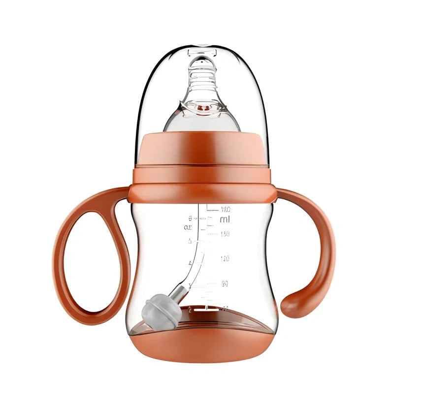 Blue PP baby feeding bottle with curved handles, 240mL capacity, wide calibre, transparent BPA-free design for easy cleaning