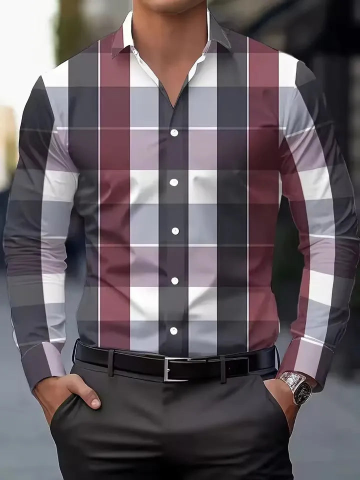 Men's printed shirt long sleeve with button lapel in polyester fibre, available in sizes XS to 5XL, featuring a stripe pattern and offered in Black, Blue, Gold, and Red colour options.
