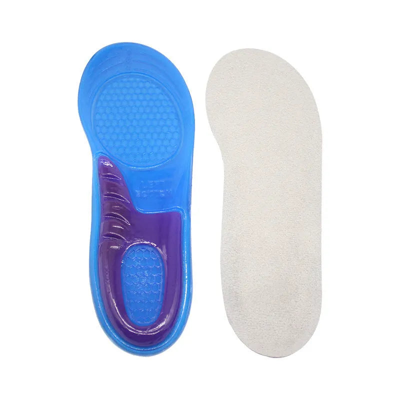 Pair of velvet TPE sports insoles in blue purple and black red, sizes S M L, unisex sweat-absorbent