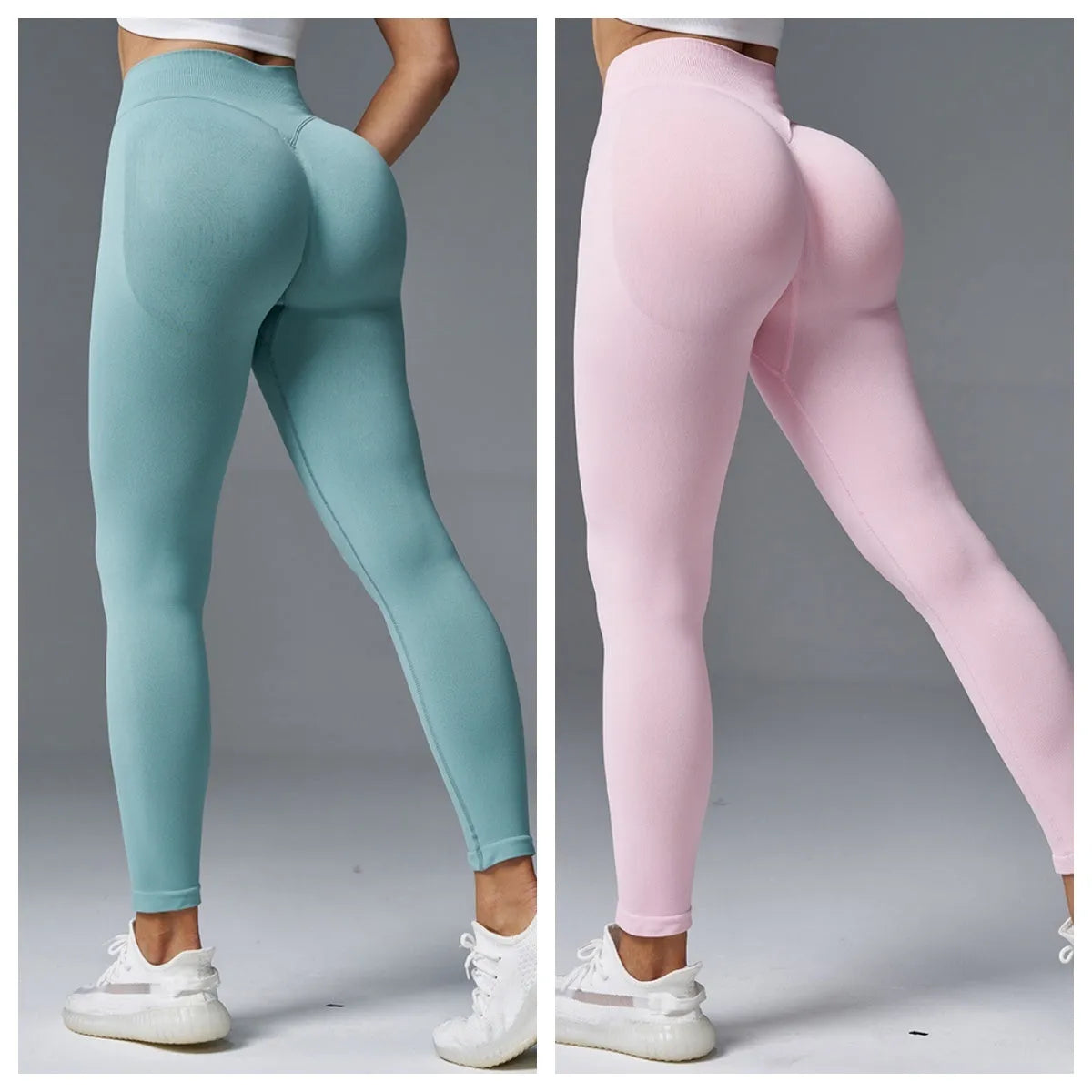 Woman wearing solid colour hip-tightening yoga pants in a fitness setting.
