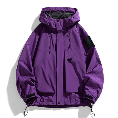 Men's black windproof waterproof hooded coat with polyester fibre, regular length, long sleeves, sizes up to 8XL