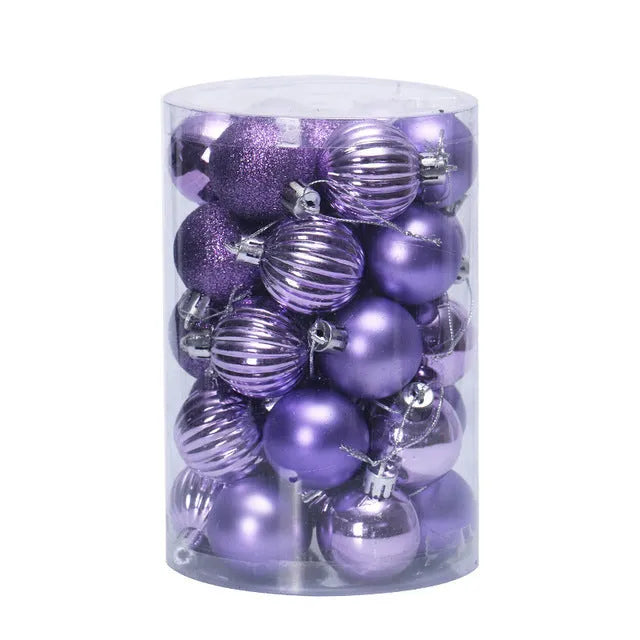 Assortment of 34 round 4cm plastic Christmas baubles in gold, silver, red, blue, and other colours.