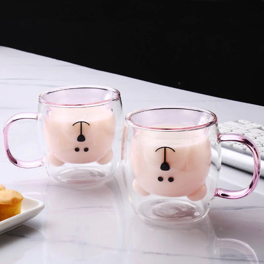 Creative Bear Double Coffee Milk Glass Cup for kids in four colours